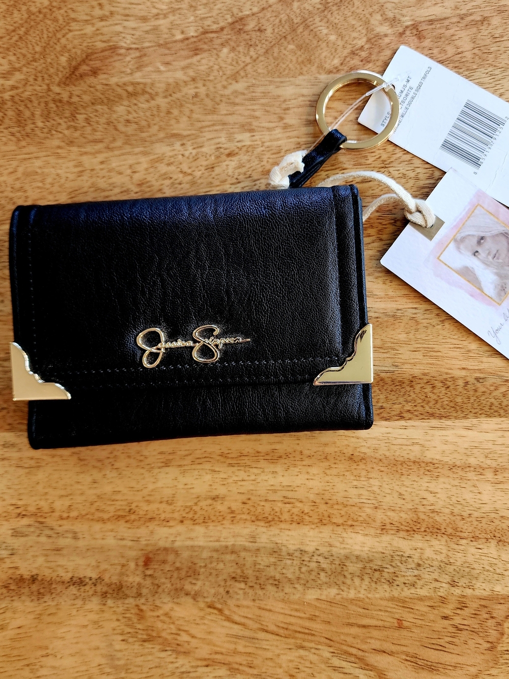 Jessica Simpson Black Leather Keychain Wallet with Gold Accents
